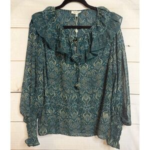 Max Studio Womens Teal Paisley Ruffle Neck Chiffon Blouse 2708Y74 New NWT M